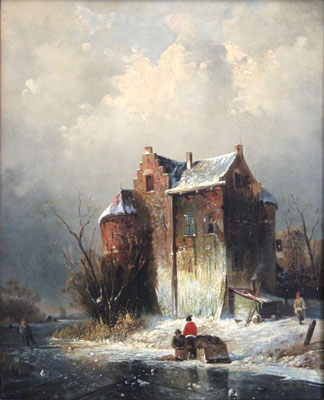 Charles Henri Joseph Leickert (1816-1907) | Romantiek 19de -eeuw | Olieverf op paneel | Paneelmaat: 31 cm. x 25 cm. | "Winterdag bij een Hollands kasteel" | Taxatiewaarde: 7.500,= euro | Onze prijs: 4.250,= euro | Met echtheidscertificaat