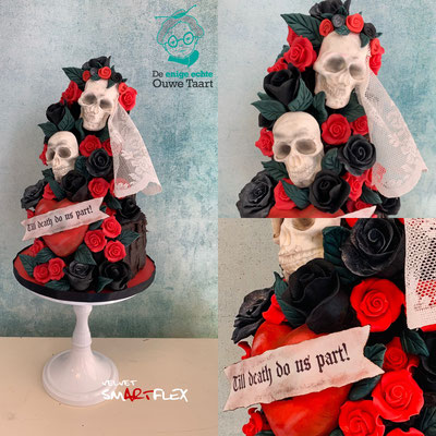Skull wedding cake, choccywoccydoodah cake, chocolade taart Doodskoppentaart