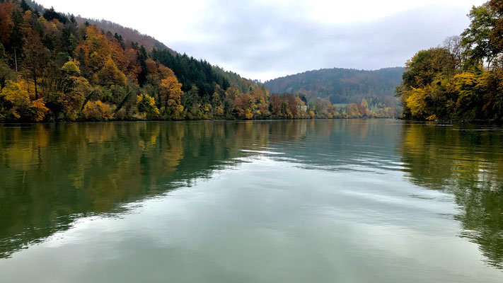 Unterwegs mit dem Boot auf dem herbstlichen Rhein bei Etzgen. (Foto PC)