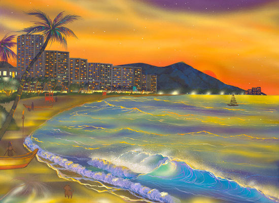 waikiki surise 朝焼けのワイキキ。さわやかな風が頬をよぎる。