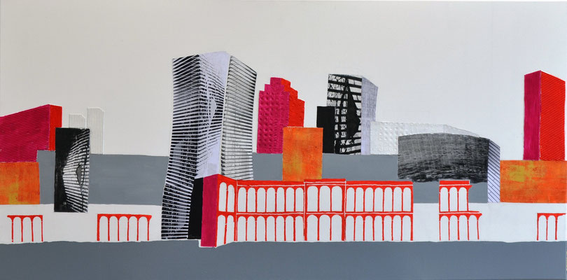 "skyline in farbe" 12o/6o cm mixed media auf leinwand