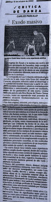 "Éxodo" de Luz Urdaneta. "Danzahoy" Dance Company. Zeitung:"El Nacional", 15 de octubre de 2000. Caracas-Venezuela.