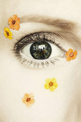 Manuela Deigert Fotokunst, Fine Art Natur, Das Fenster zur Seele, ein Auge mit Trockenblumen geschmückt. Im Innern eine Landschaft mit Frau und Kindern am Meer und Vögel im Himmel