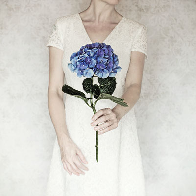 Manuela Deigert Projekte Rumpf einer Frau in einem weißen Spitzenkleid hält eine blaue Hortensie in der Hand 