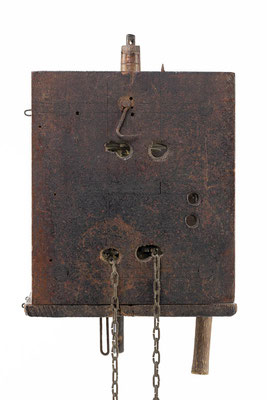 Holzrräderuhr aus dem Schwarzwald, Italienischer Schlag (Stundenschlag bis 6) mit Schlagwiederhohlungum, um 1790, Boden