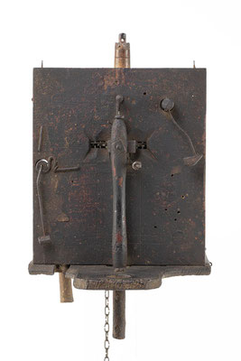 Holzrräderuhr aus dem Schwarzwald, Italienischer Schlag (Stundenschlag bis 6) mit Schlagwiederhohlungum, um 1790, Draufsicht