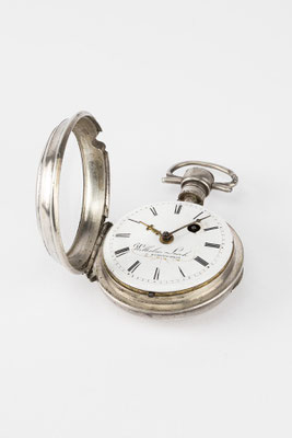 silberne Taschenuhr von Wilhelm Lerch aus Schopfheim, um 1840, mit geöffnetem Deckel