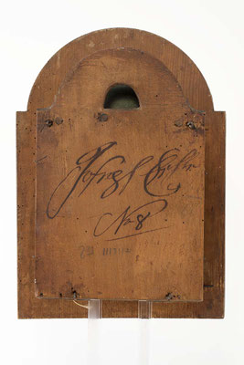 Schwarzwälder Uhrwerk von Josef Eschle, Rückseite mit Signatur