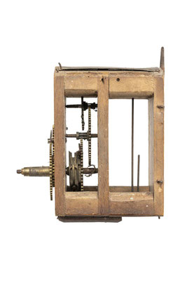 Jockele-Uhrwerk, Uhrmacher Pius Weisser aus Bubenbach im Schwarzwald, um 1870, Seitenansicht