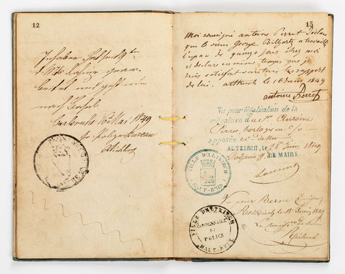 Wanderbuch des Uhrmachergesellen Georg Bilharz von 1849 bis 1851, Kenzingen im Großherzogtum Baden, Seite 12-13