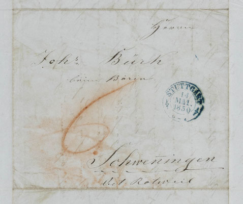 An Herrn Johann Bürk beim Bären Schwenningen Amt Rotweil, 14. Mai 1850