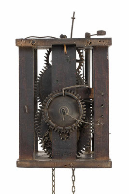 Holzrräderuhr aus dem Schwarzwald, Italienischer Schlag (Stundenschlag bis 6) mit Schlagwiederhohlungum, um 1790, Rückseite mit abgenommener Rückwand