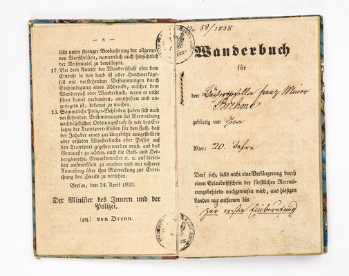 Wanderbuch des Bäckergeselle Fanz Maier Brehme, Gera 1838