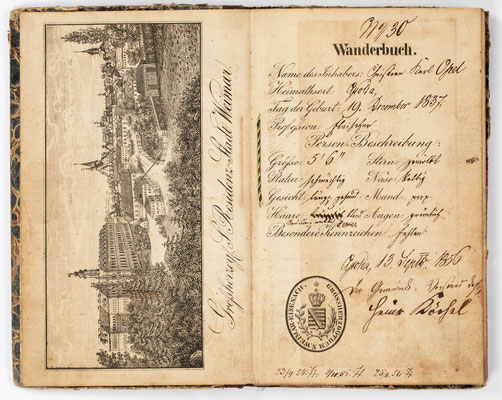 Wanderbuch des Fleischergeselle Christian Opel, Großherzogtum Sachsen Weimar Eisenach 1856