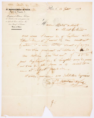 18. Juli 1839, Brief von Johann Reveilhac & Fils (Paris) an Moser & Marti (Montbéliard), Inhalt