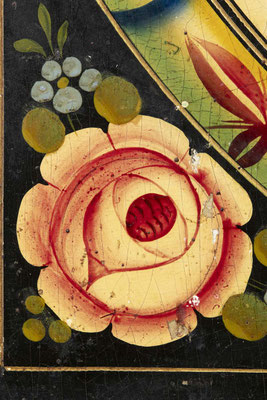 Uhrenschild (Lackschild), Schwarzwald um 1870, Detailansicht Blume