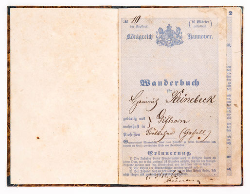 Wanderbuch des Böttchergeselle Heinrich Reinebeck aus Gifhorn, Königreich Hannover 1865