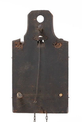 Holzrräderuhr aus dem Schwarzwald, Italienischer Schlag (Stundenschlag bis 6) mit Schlagwiederhohlungum, um 1790, Rückseite