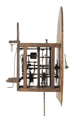 hölzernes schwarzwälder Uhr von Uhrmacher Theodor Wehrle, Furtwangen um 1835, Seitenansicht