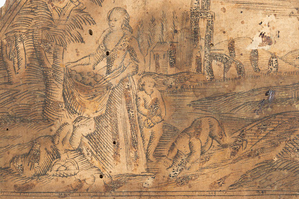 Detail Uhrenschild mit der Darstellung der Apfelernte, Schwarzwälder Schilderuhr um 1800