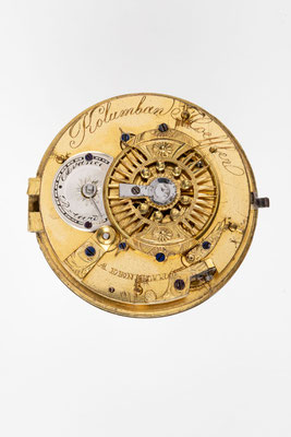 Taschenuhr mit Spindelhemmung, Kolumban Hoeffler, Lenzkirch um 1840, Uhrwerk Rückseite