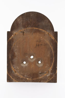 Lackschilduhr, Uhrwerk von Joseph Hummel, Furtwangen um 1850, Rückseite Zifferblatt