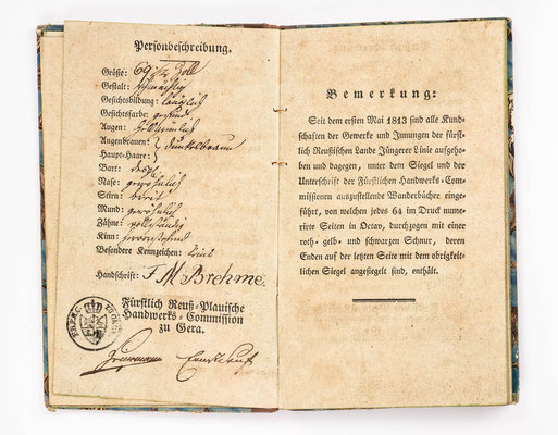 Wanderbuch des Bäckergeselle Fanz Maier Brehme, Gera 1838
