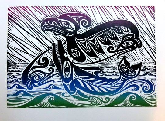 "The Whale Hunter" Linocut 2017 Alex McCarty Makah