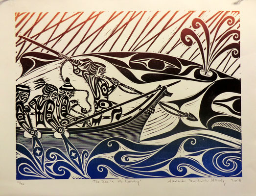 "The Sea Is My Country"  Linocut 2018 Alex McCarty Makah