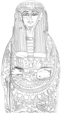 Sargdeckel eines anonymen Mannes aus Bab el-Gasus (21. Dynastie), heute im Museum Appenzell, Zeichnung: (c) Daniela Rutica für das Swiss Coffin Project