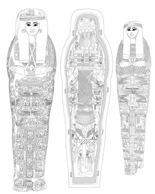 Sargensemble von Schedchons aus Bab el-Gasus (21. Dynastie), heute im Musée d’art et d’histoire Genève/Genf MAHG, Zeichnung: (c) Daniela Rutica für das Swiss Coffin Project