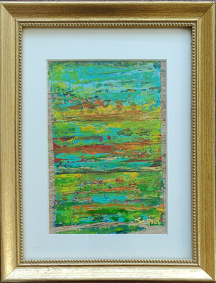 0.20 x 0.26m      GROEN Acrylverf op schors in goudkleurige lijst