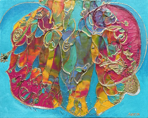 0.24 x 0.30m   ABSTRACT           Acrylverf met goud op canvasboard