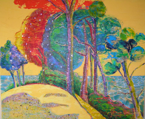 ABSTRACT KUSTLANDSCHAP 1.20 x 1.00m (3D) Acrylverf op canvas met glas