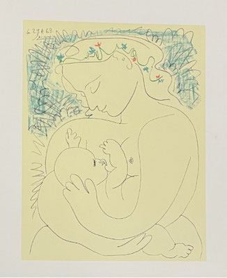 Pablo Picasso, d'après, Pablo Picasso Maternité lithographie, signée et datée dans la planche copyright succession Picasso au dos 65 x 50 cm