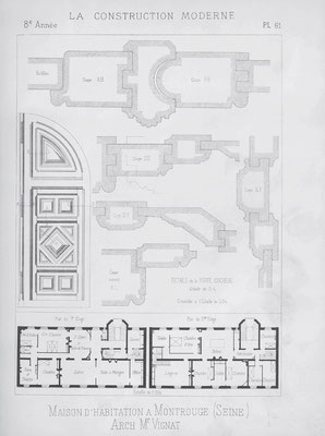 Reproduction de l'article "Maison d'habitation à Montrouge (Seine)", La Construction Moderne, 3 juin 1893, p.413-415, pl.60-61.
