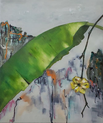 bananenhütte, öl/ölkreide/acryl, 60x50, 2024