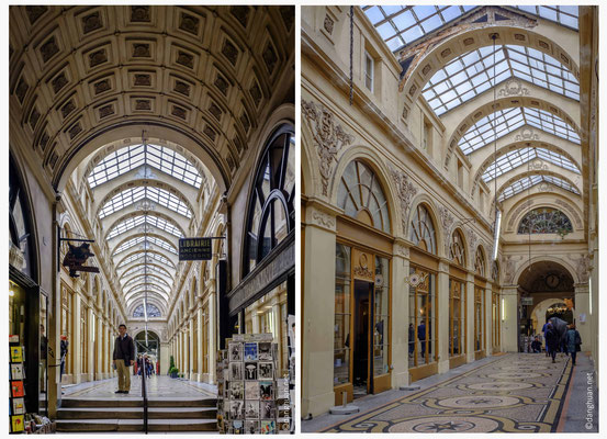 la Galerie Vivienne dispose d’une belle verrière lumineuse et des mosaïques colorés au sol...