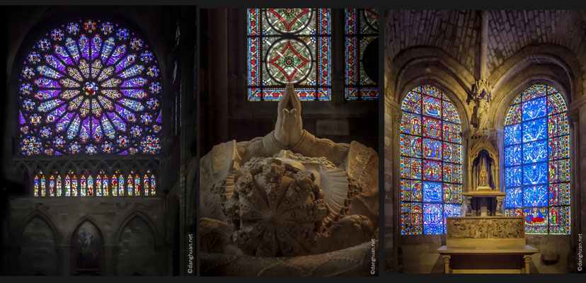 Basilique St Denis - les vitraux de l'abbée Suger, épargnées par la Révolution, elles sont ensuite très endommagées puis remontées au XIXe siècle