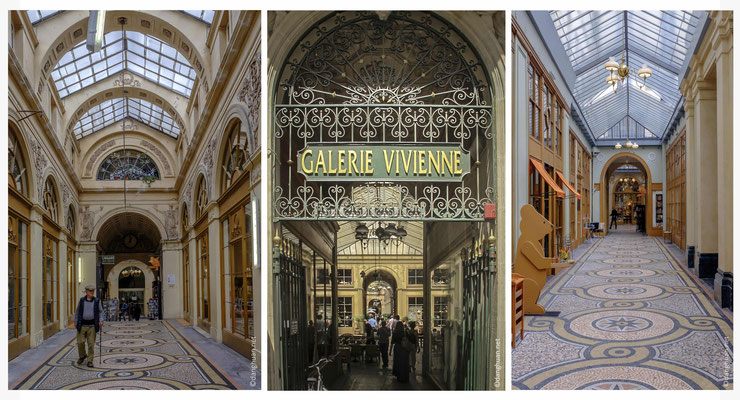 La Galerie Vivienne dispose d’une belle verrière lumineuse et des mosaïques colorés au sol...