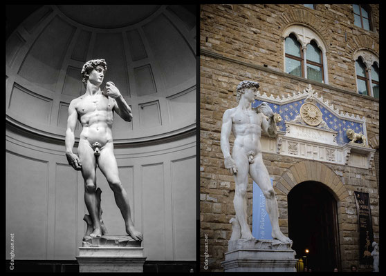 David (de Michel Ange) à l'Academia Gallery et sa copie à la piazza della Signoria