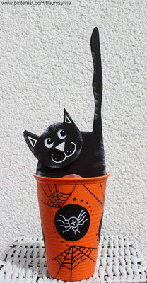 Chat noir en bois découpé à la scie à chantourner pour Halloween, dans un gobelet plastique recyclé. www.toutpetitrien.ch/bricos/ - fleurysylvie