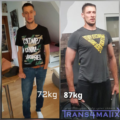 Der knapp 2 Meter große Sascha Grabe aus Klagenfurt hatte immer Probleme beim zunehmen, bis ihn Trans4matix betreut hat. Es wurde seine Ernährung erfolgreich umgestellt und ihm ein solider Trainingsplan erstellt. Ein + von 10kg an qualitativer Muskelmasse