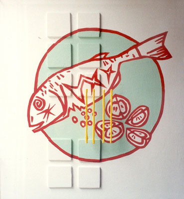 Poisson, 1988, 61 x 58 cm, peinture sur bois, reliefs