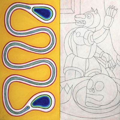 Lycaon, 100 x 100 cm, acrylique et crayon sur toile, 2020