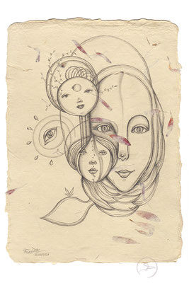 Spirit-Funke #20  (Graphit auf ca. 15,5 x 22 cm Büttenpapier mit rot/lila Blüten) – Original verfügbar