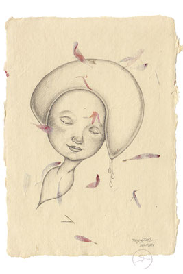 Spirit-Funke #12  (Graphit auf ca. 15,5 x 22 cm Büttenpapier mit rot/lila Blüten) – Original nicht verfügbar
