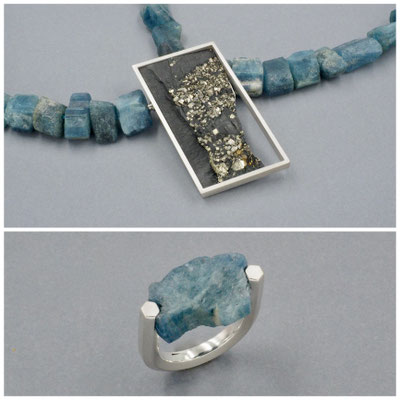 Wechselschließe - 925/-Silber, Schieferpyrit, Aquamarinkette und Ring - 925/-Siber und Aquamarin