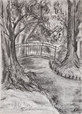B000250 Brücke im Schlosspark Jahnishausen 2021, 29,7 x 42 cm, Kohle auf Papier, 64 €