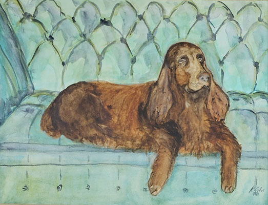B000158 Field Spaniel auf Chesterfield Sofa 2022, 32 x 24 cm, 168 €